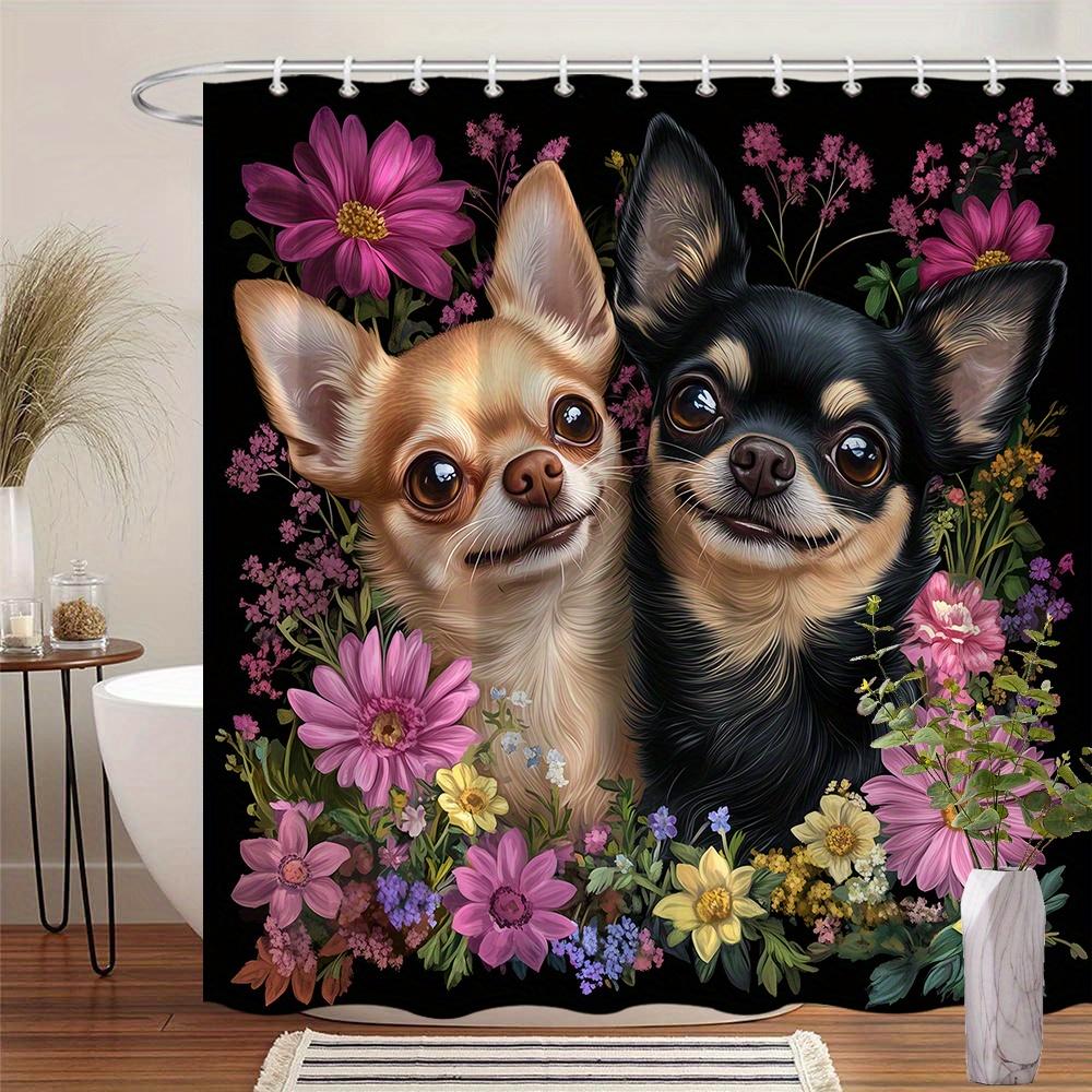 1pc Chihuahua Floral Shower Curtain - Whimsical Digital Illustration of Two Chihuahuas Nestled Among Vibrant Flowers 90X180CM