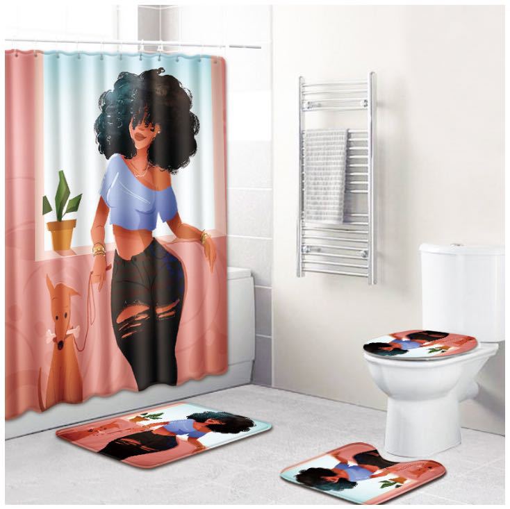 African American Women'S Bathroom Non-Slip Floor Mat, Shower Curtain Combination Carpet, European And American Wind Explosion Female Fixed Zhi