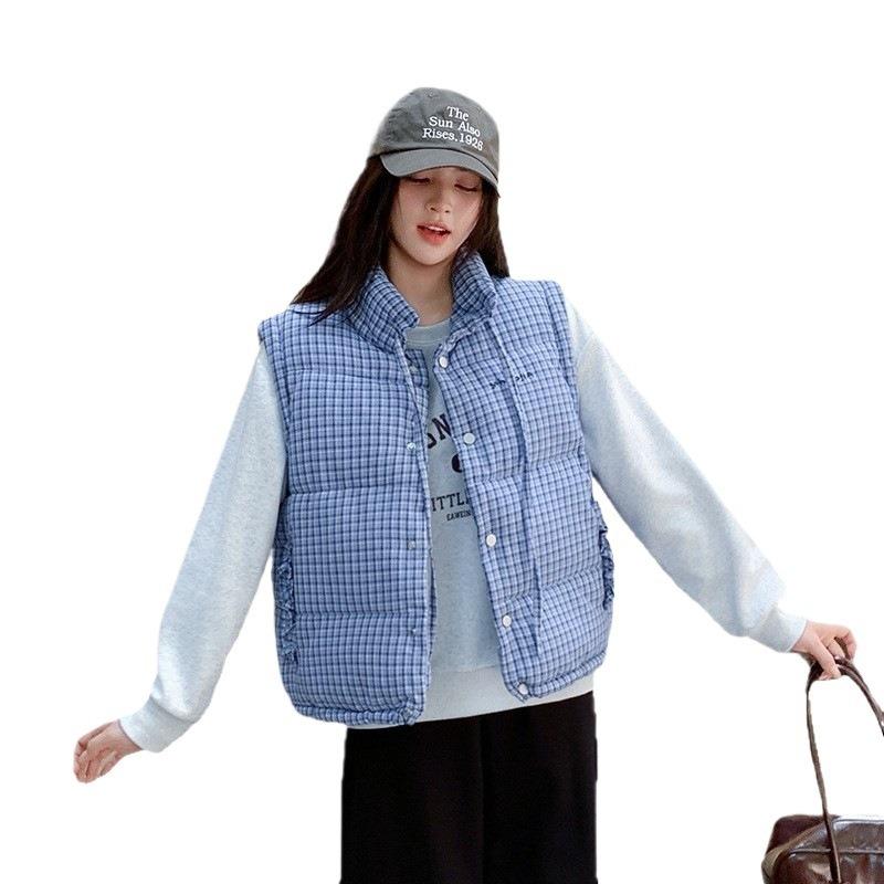 Winter loose stand-up collar blue plaid zipper clip cotton thickened sleeveless cotton jacket vest jacket