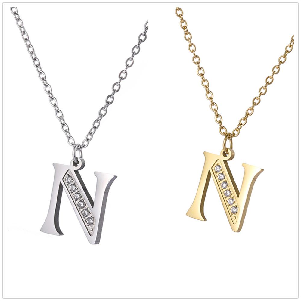 Women Clear Zircon 26 Letters Pendant Necklace Stainless Steel Gold A-Z Alphabet Choker Initial Necklaces Jewelry