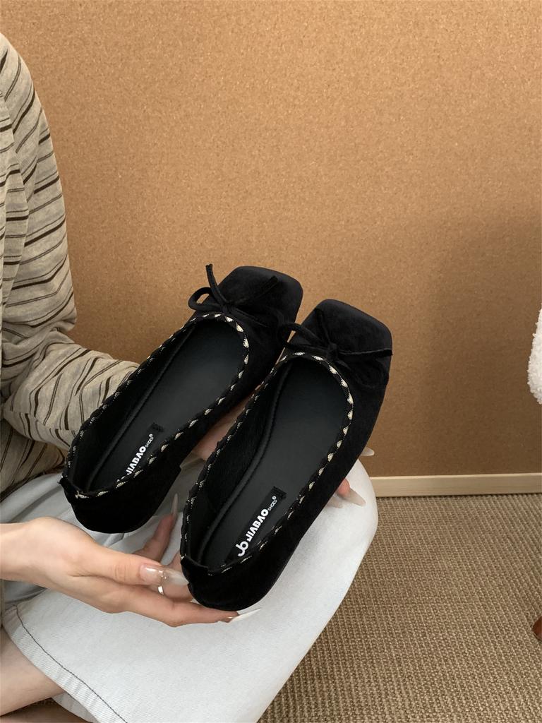 Square Head Retro Small Red Bow Shallow Mouth Evening Single Shoes Women's 2025 New Ballet Gentle Grandma Shoes