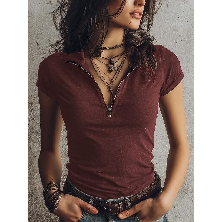 2026 Summer New Women's Knit Fabric Elegant Zipper Collar Short Sleeve Top