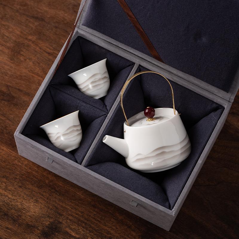 Beam Pot One Pot and Two Cups Suet Jade Porcelain Light Luxury Kung Fu Tea Set Kuaike Cup High-end Brocade Box Gift Box