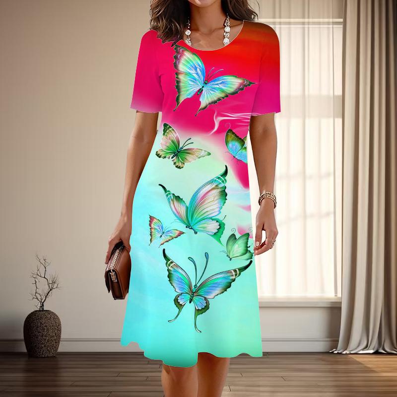 Damenmode Anmutiger Schmetterlingsdruck Sommer Frühling Kurzarm O-Ausschnitt Freizeitkleider