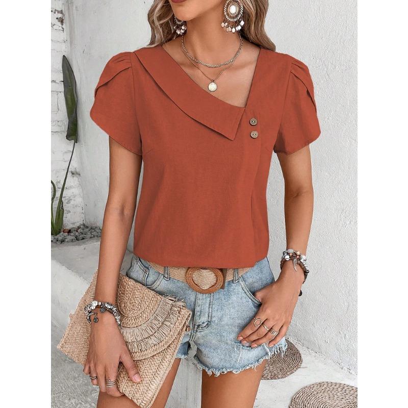 2026 Summer New Oblique Collar Loose Women Blouse Casual Solid Color Shirt Ladies Simple Button Sweet Petal Sleeves Tees Tops Fashion Elegant Clothes
