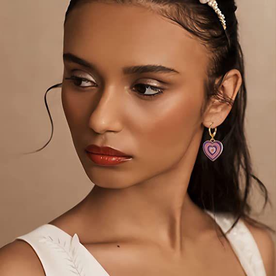 1 Pair Cute Gradient Color Heart-shaped Hoop Earring- Vintage Colorful Enamel Love Heart Dangle Drop Earring for Women Girl Teen 14K Gold Plated