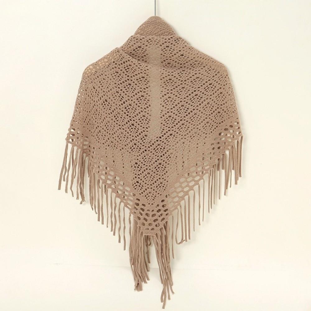 Casual Retro Knitted Shawls Solid Color Versatile Hollow Scarves Breathable Soft Tassels Shawls for Women