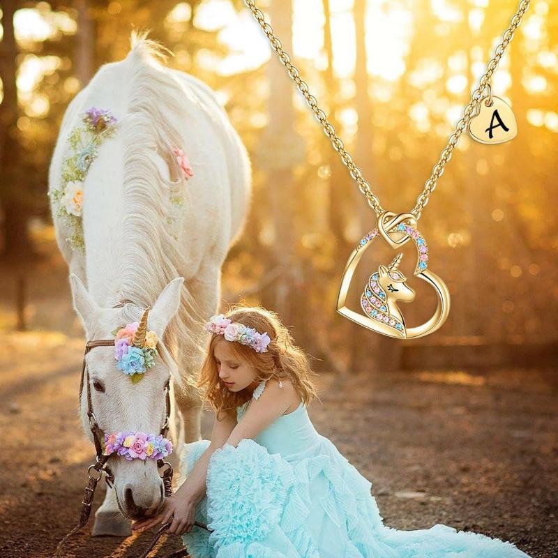 Hidepoo Unicorn Necklace Gifts for Girls - Colorful CZ Heart Pendant Initial Unicorns Necklaces Birthday Gift for Girl Daughter Granddaughter Niece