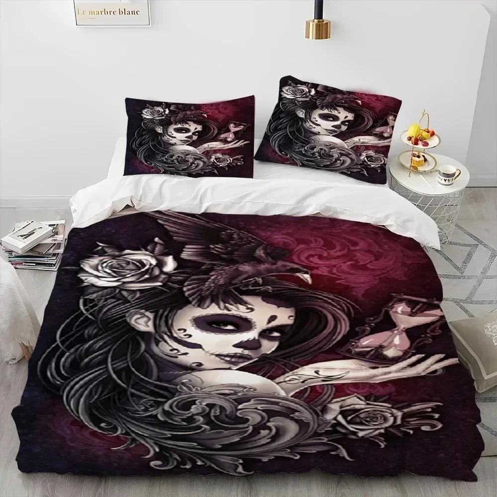 Hor Gothic Weiblich Totenkopf Totes Mädchen Bettwäsche Set 3D Gedruckt Geeignet für Schlafzimmer Weich mit Weichem Stoff Bettbezug Set Mit Kissenbezügen Heimtextilien