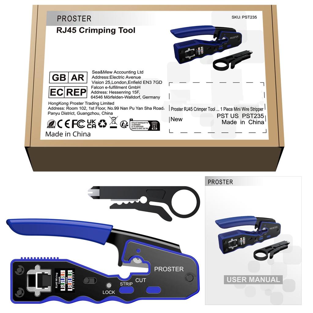 Proster RJ45 Crimping Compatible with and Penetrating Crimping Crimps and Cuts RJ45 Includes Mini Strip Cutter Tool, CAT6A, CAT6, CAT5, CAT7, Pliers,