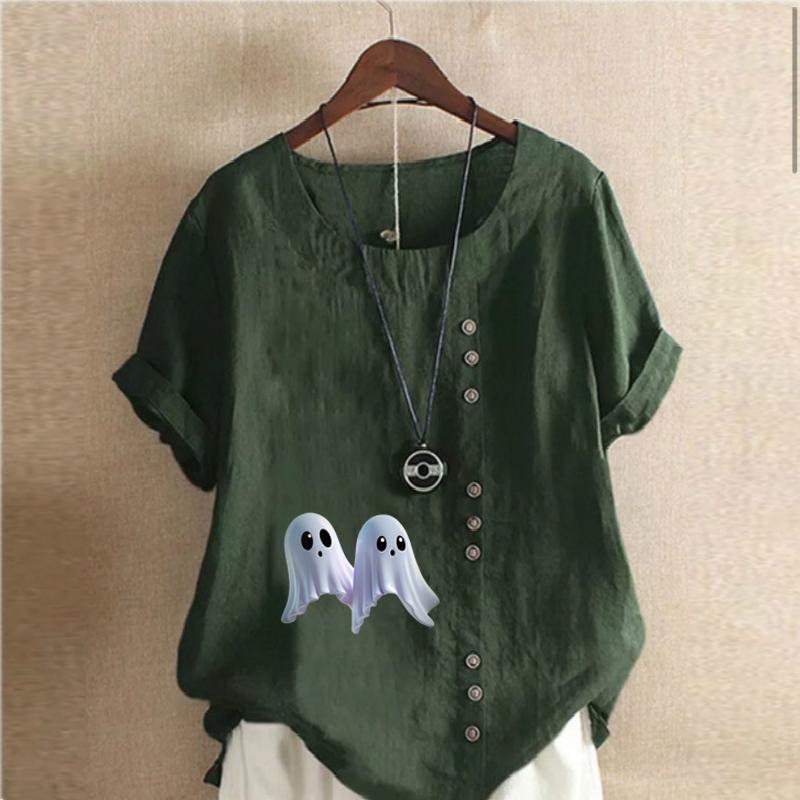 Women's Fashion Ghost Prined Short Sleeve T-shirt Loose Cotton Shirt Casual Loose Summer Blouse Tops