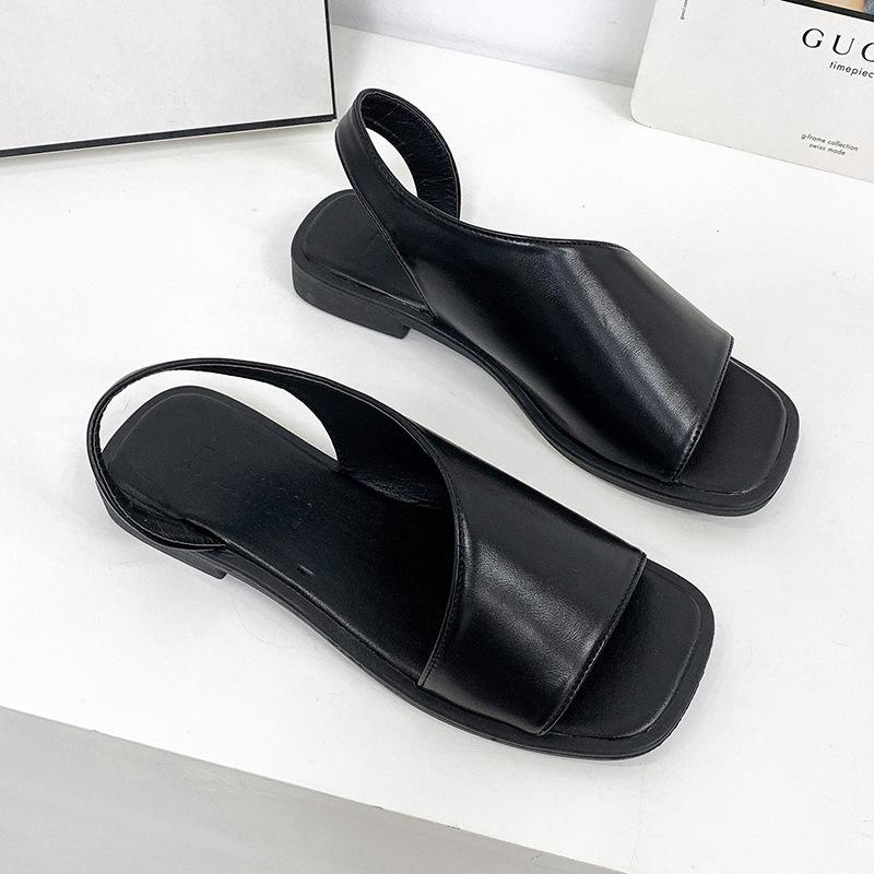 Sandalen mit Leopardenmuster für Damen, Sommer Neu Übergröße Fischmaul Quadratische Zehe Hinten Leer Modische Dicke und Niedrige Absätze Sandalen Trendig