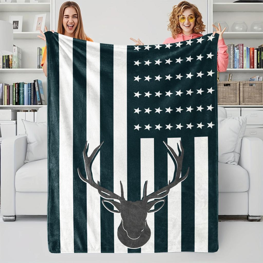 Flag Deer Printed Blanket,Soft Cozy Flannel Bed Blanket/Couch Blanket/Decorative Blanket/Camping Blanket,Perfect Holiday Gifts
