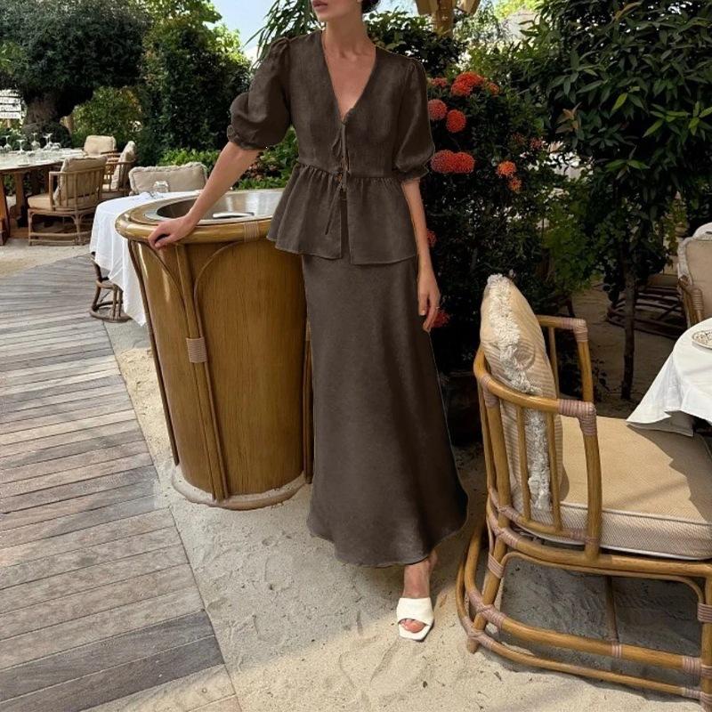 2026 Women's Spring New, Amazon Cross-border Europe and the United States, Fashionable and Elegant Solid Color V-neck Lace-up Dress Set
