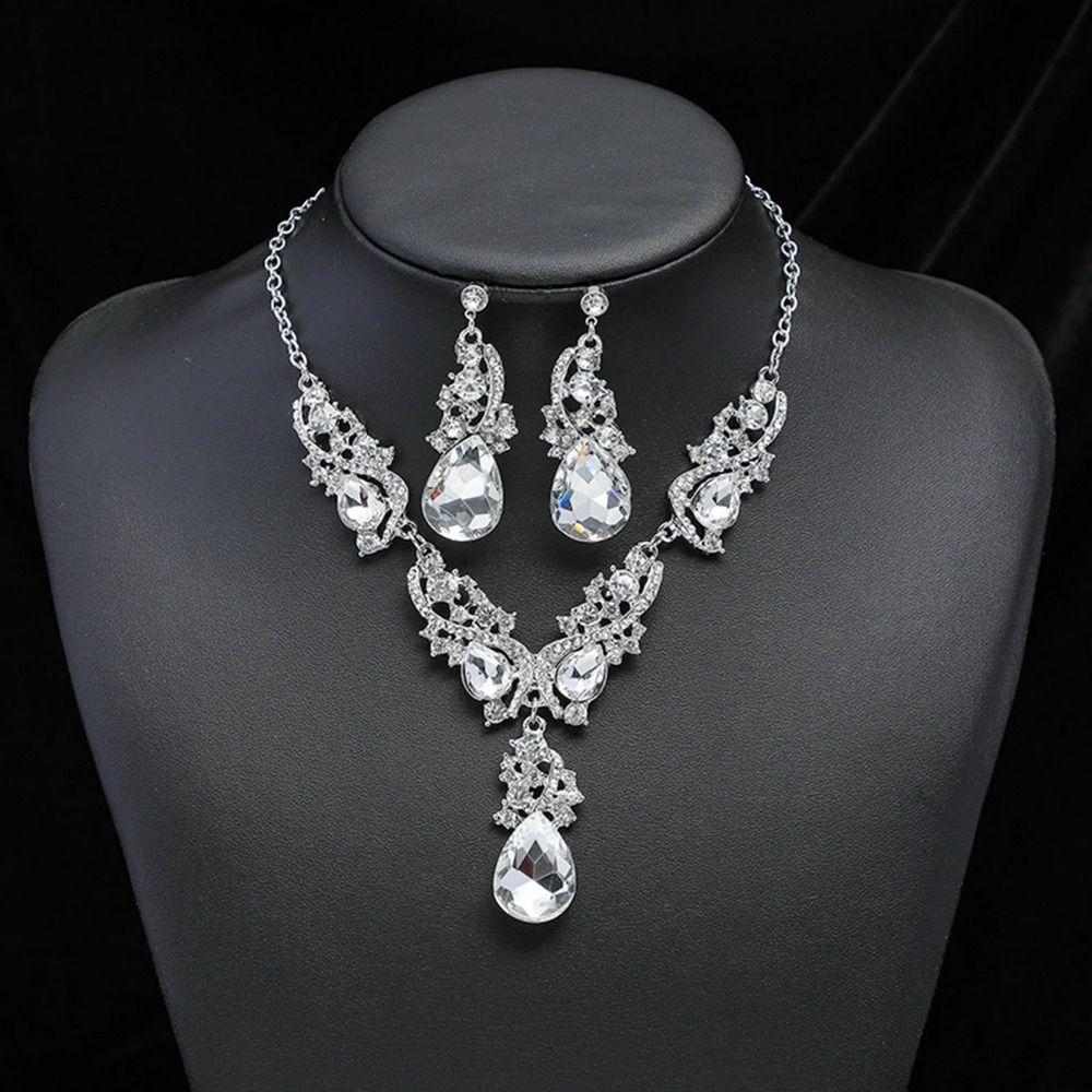 Exaggerated Rhinestone Jewelry Set Crystal Women's Necklace Water Drop Necklace Earrings Set Women