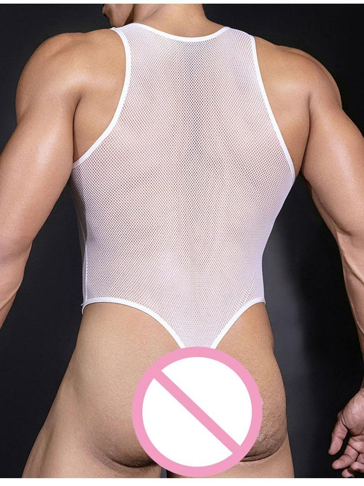 Men Mesh Bodysuit Tops Sheer Transparent Vest Buckle Open Crotch Sexy Sissy Sleeveless Tops Man Allure Tights Breathable Shaping
