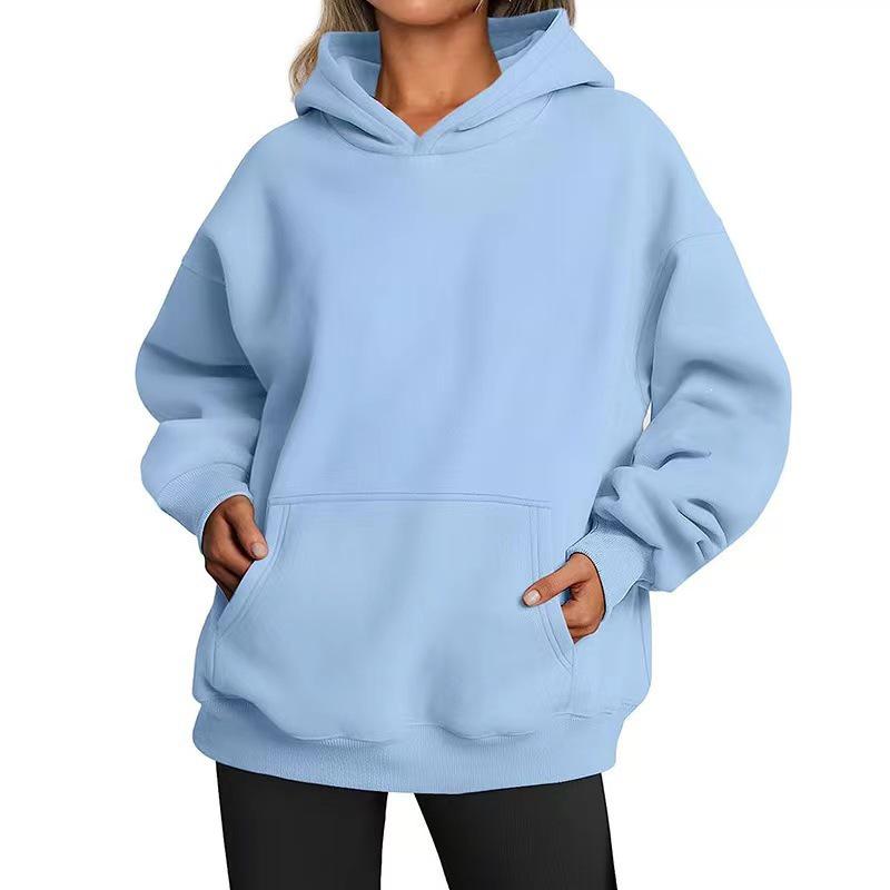 Women's Fleece Street Hip-Hop Hoodie: Autumn/Winter Solid Color Long-Sleeve Loose Pullover with Pocket