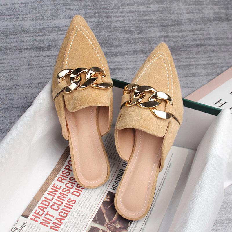 Fashion Designer Women Chain Mules Shoes Flock Pantuflas Pointed Toe Slides Flats Sandals Ladies Summer Flipflops Slip On House Slippers cm verde