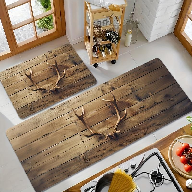 Vintage Wood Grain Antler Print Area Rug, Aesthetic Deer Horn Floor Mat for Living Room Bedroom, Washable Indoor Decor Carpet