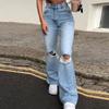 Ladies' Pocket Denim Wide Leg Pants With Holes And Slightly Flared Jeans