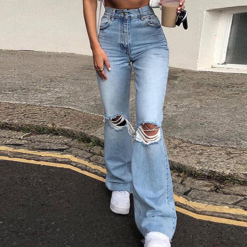 Ladies' Pocket Denim Wide Leg Pants With Holes And Slightly Flared Jeans