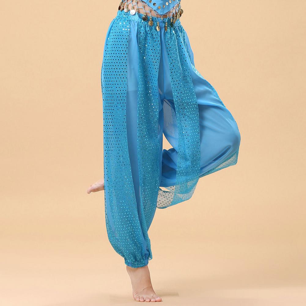 Damen Performance-Hose, elastische hohe Taille, einfarbige Pumphose mit Paillettendekor, Volkstanz, Bauchtanz-Kostümhose für Erwachsene