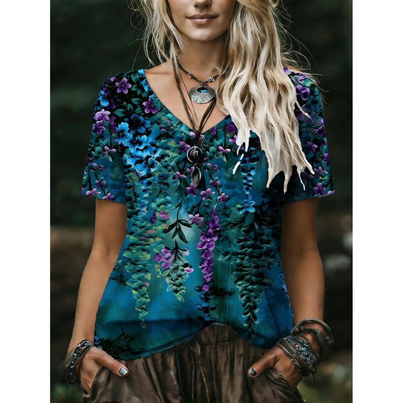 V-Neck Short Sleeve T-Shirt With Blue White Striped Print Loose Fit Casual Top Women 2025