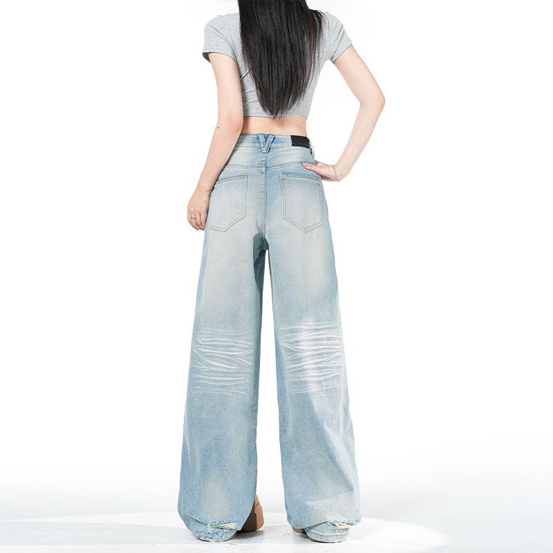 Spring Summer Raw Ripped Hem Light Tone Relaxed Straight Leg Casual Floor Denim Pants For Women Casual Pants Oversize Denim Trousers