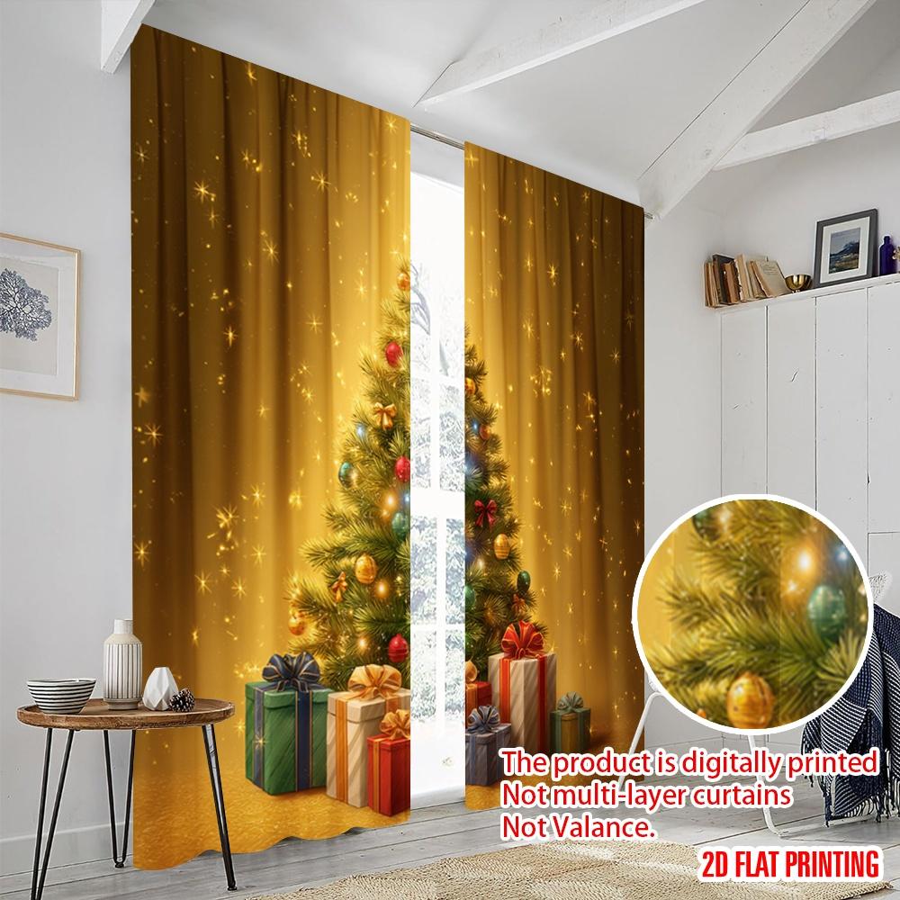 2pcs,2D Plane Printing Curtains Digital Printed Classic Christmas Tree and Gifts Polyester Fabric (without Rod) Festive Ldeal