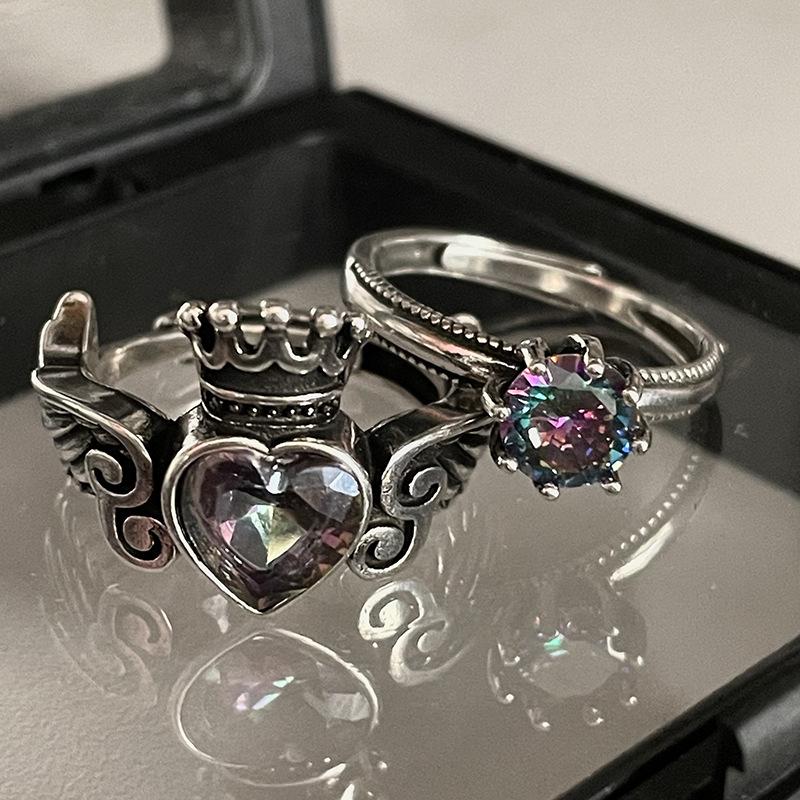 Niche Design Retro Personality Imitation Thai Silver Wings Crown Stacked Wearing High-End Punk Open Ring Woman
