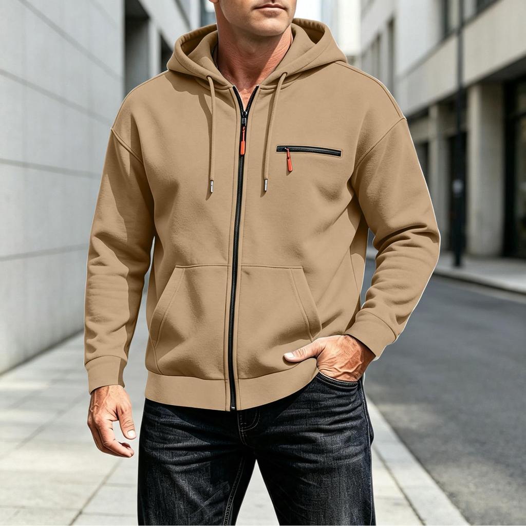 Men's Casual Zip-Up Hoodie with Large Pockets and for Outdoor Sports