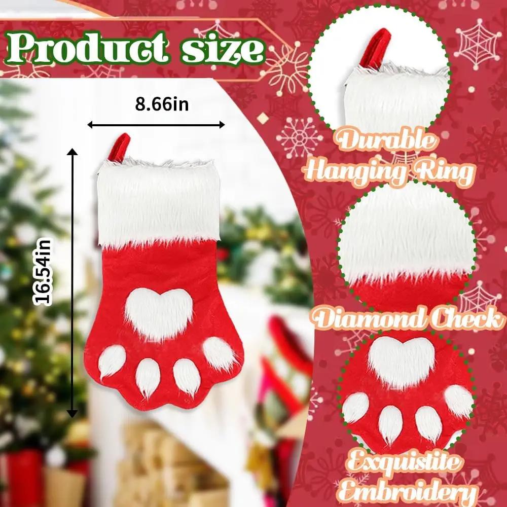 Red Velvet Christmas Stockings with Dogs Paw Winter Fuzzy Gift Bag for Home Hanging Holiday Ornament Decor
