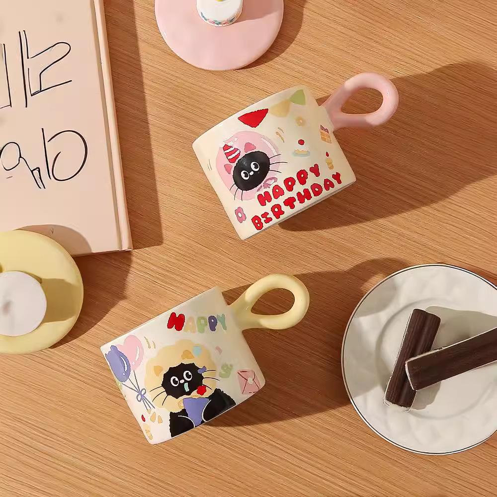 Birthday Cat Ceramic Mug - Cute Cake Design Coffee Cup Souvenir Gift