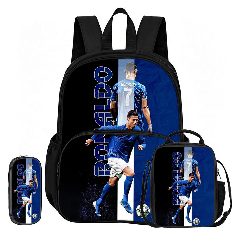 Learn, Travel Football Star School Bag Ronaldo 3 Pcs set with Front Pocket Backpack Lunch bag, Pencil Case, Sport Rucksack