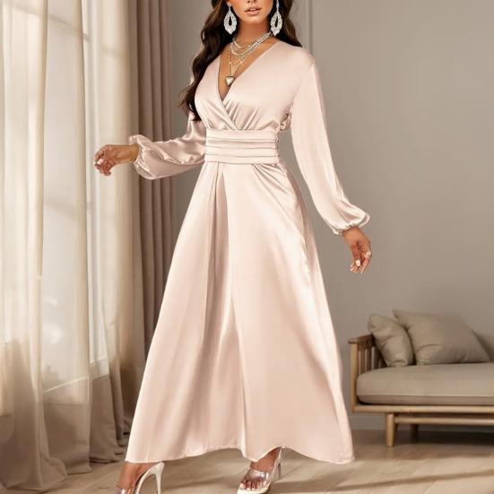 Women Summer Satin V-Neck Dress Elegant Long Gown with Puff Sleeves & Cinched Waist