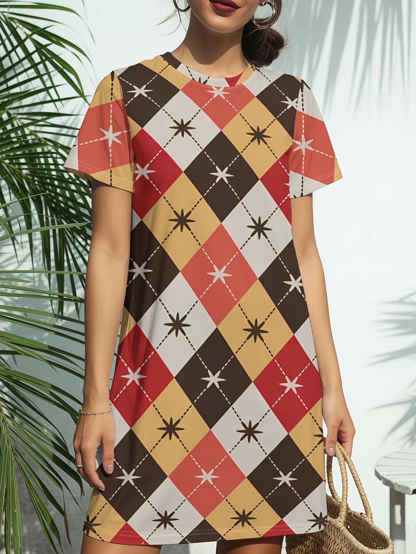 

The Retro Diamond Mix Women S New Round-Neck Short-Sleeve Dress T-Shirt Features American Fashion Trends with Digital Prints. Perfect for Casual Sprin 2XL дубильная кора