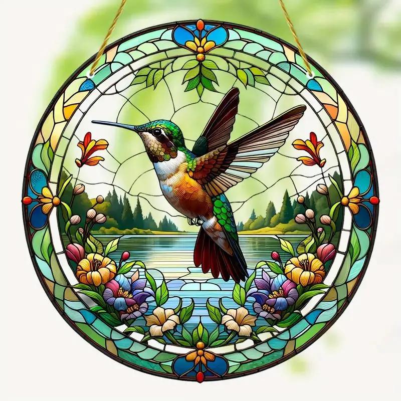 NEW Acrylic Painted Hummingbird Pendant Bird Floral Pattern Suncatcher Round Wreath Porch Window Outdoor Patio Hanging Ornaments
