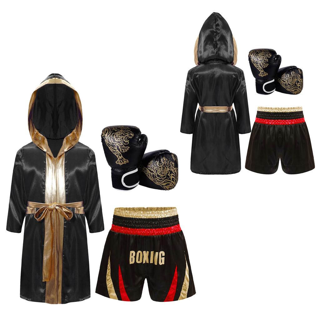 Jungen Boxausrüstung Set: Satin-Bademantel mit Gürtel und metallischem Besatz, Color-Block-Shorts & Tigerprint-Trainingshandschuhe