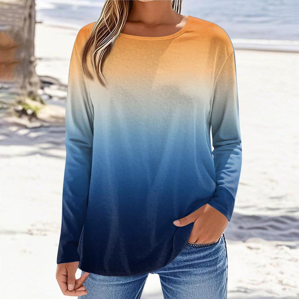 Women's Fashionable Casual Printed Long Sleeved Round Neck Top Round Neck Top Top
