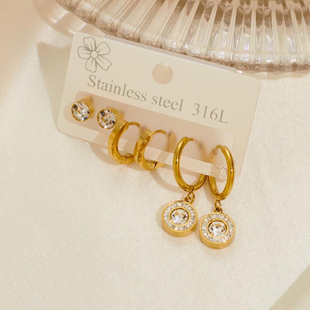 Stainless Steel Gold Rhinestone Earrings - European & American Light Luxury Design, High-End Titanium Steel Elegance.