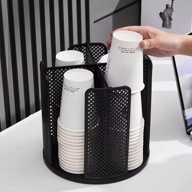 Rotatable Plastic Cup Storage Organizer 360 Degree Dispenser 4 Compartment Cups And Lids Holder Detachable Desktop Coffee Cup Dispenser