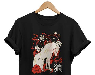 Japanese Wolf T-Shirt Grunge Japan Streetwear Tee Retro Streetwear High-quality Crew-neck Short-sleeved Men's T-shirt