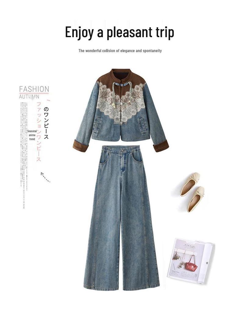 2026 Spring/Autumn Women's Lace Patchwork Denim Suit with Frog Buttons - Stylish Two-Piece Set