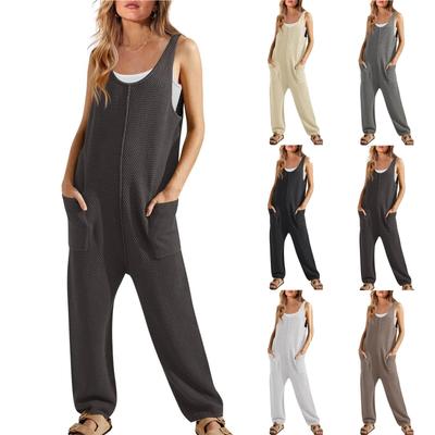 2024 Frühjahr/Sommer Damen Casual Ärmellos U-Ausschnitt Jumpsuit mit Doppeltasche Lange Hose