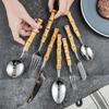 Long Handle Serving Spoon Fork Stainless Steel Gold Silver Bamboo Wooden Salad Spork Dessert Salad Spoon Tableware Set Kitchen
