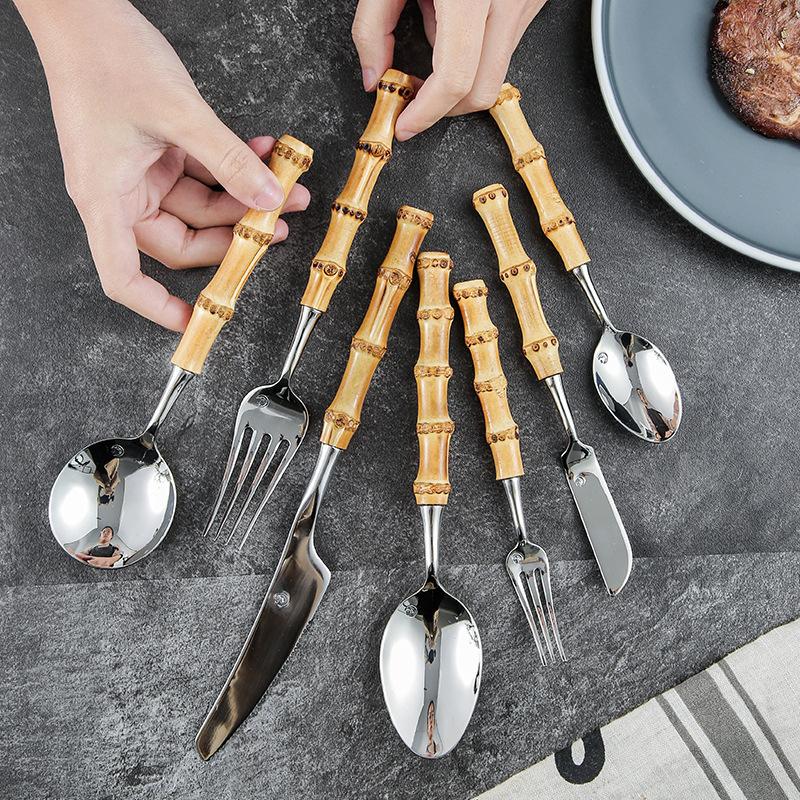Long Handle Serving Spoon Fork Stainless Steel Gold Silver Bamboo Wooden Salad Spork Dessert Salad Spoon Tableware Set Kitchen