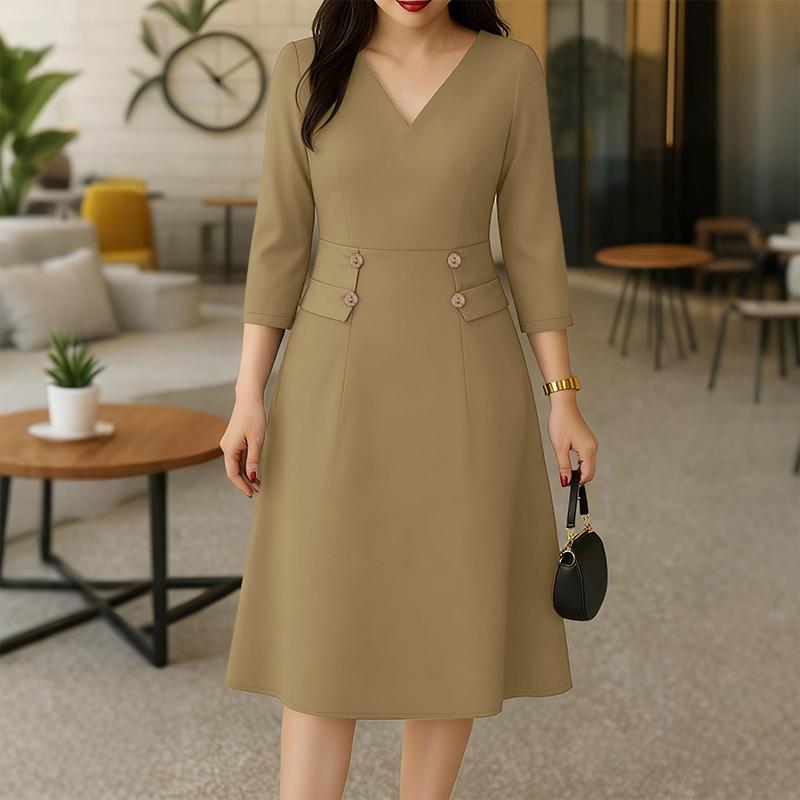 

ZANZEA Women Casual V-Neck Solid Color 3/4 Sleeve Elegant Dress S коричневый