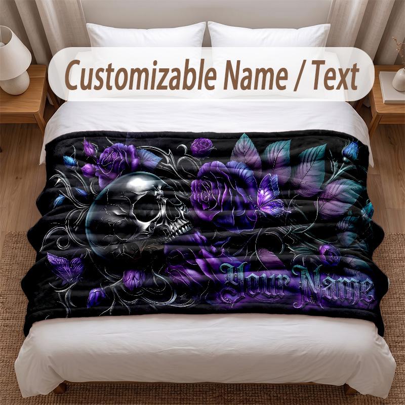 Skull Gothic Theme Soft Blanket Personalized Custom Name Text Print Warm Blanket Home Sofa Bedroom Decor