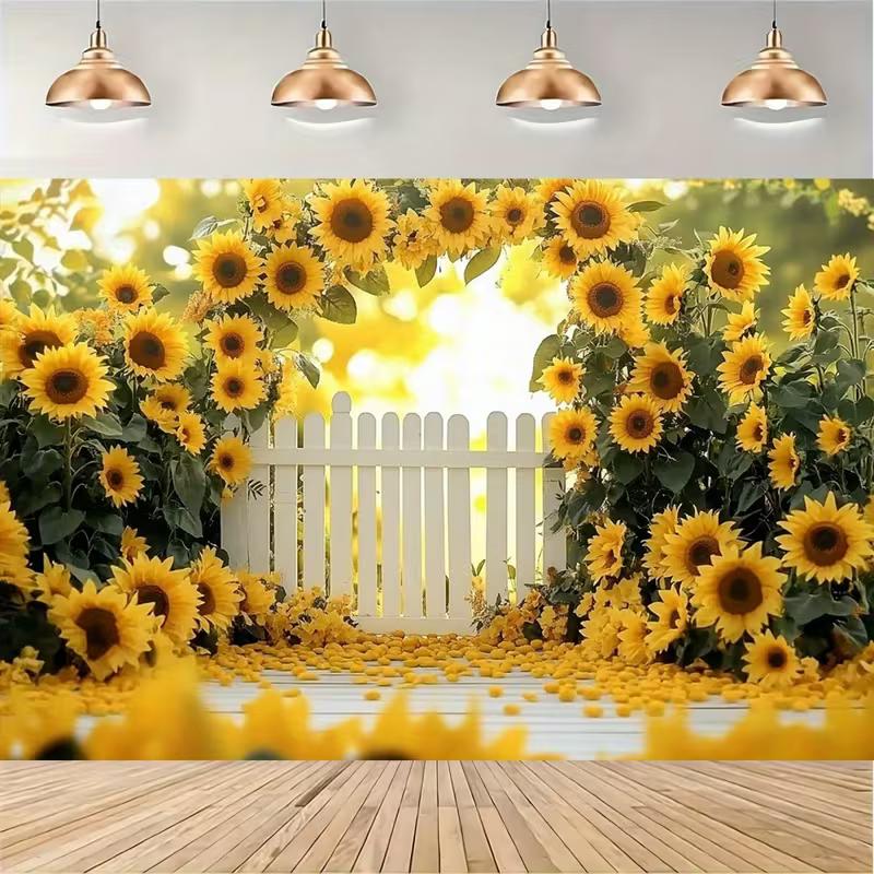 2D Sonnenblumenbogen Kulisse, Heller Sonnenblumengarten mit Zaun Hintergrund für Hochzeits- & Geburtstagsveranstaltungen
