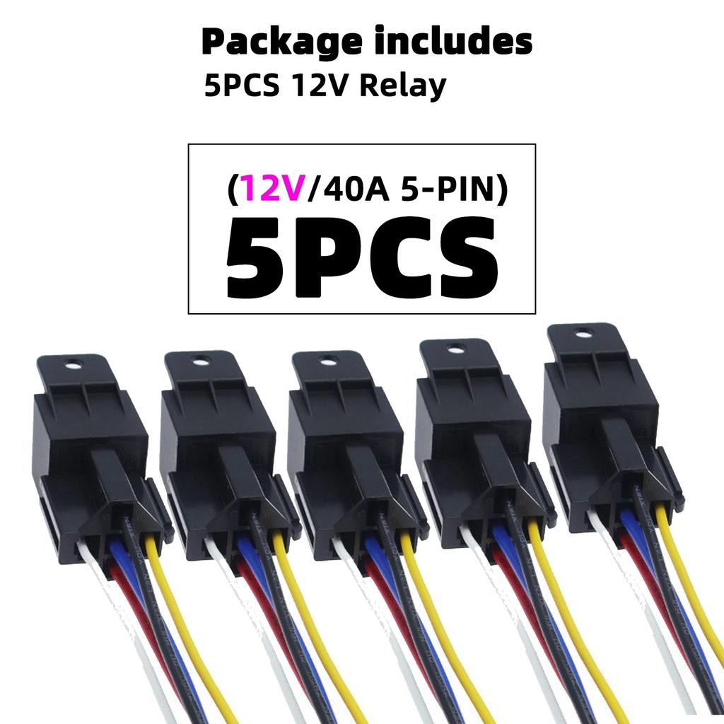 5-PCS Waterproof Automotive Relay 12V 24V 5Pin 40A Car Relay with Black Red Copper Terminal Auto Relay Socket Harness Cable